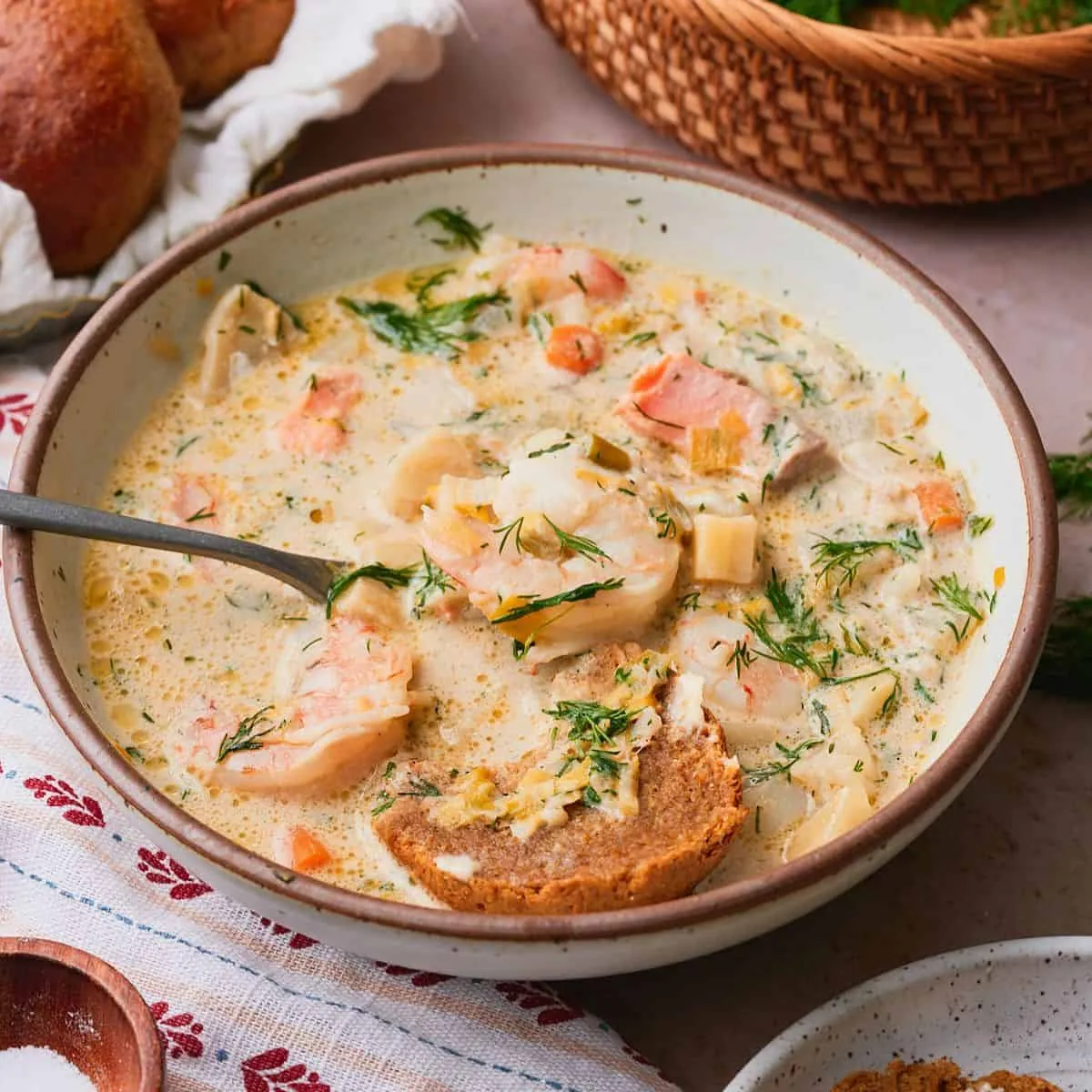 Fiskesuppe - creamy Norwegian fish soup with salmon and dill (Bergen, Norway)